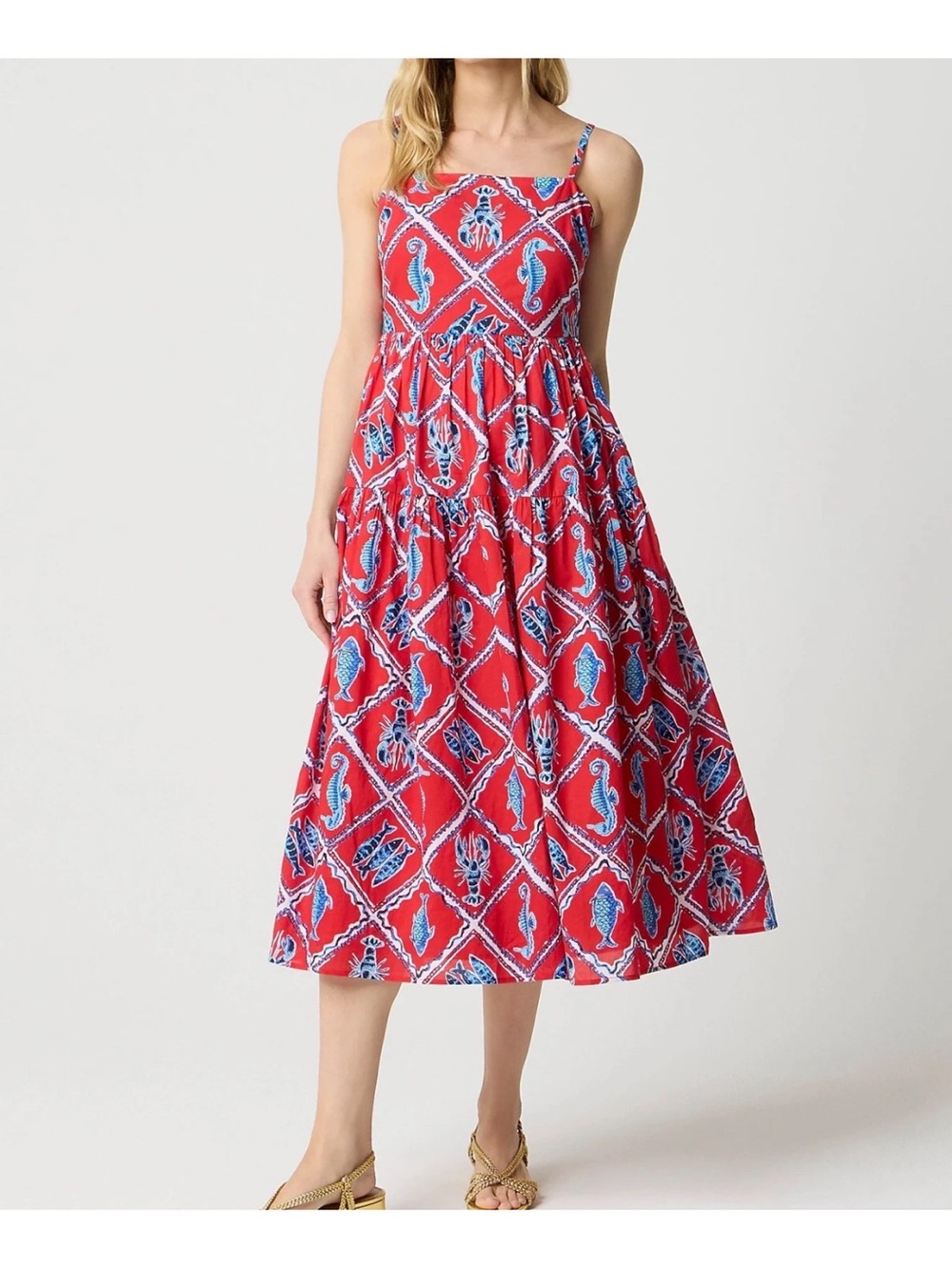 J. Crew Factory Red Printed Midi Dress with Blue Tile Motif